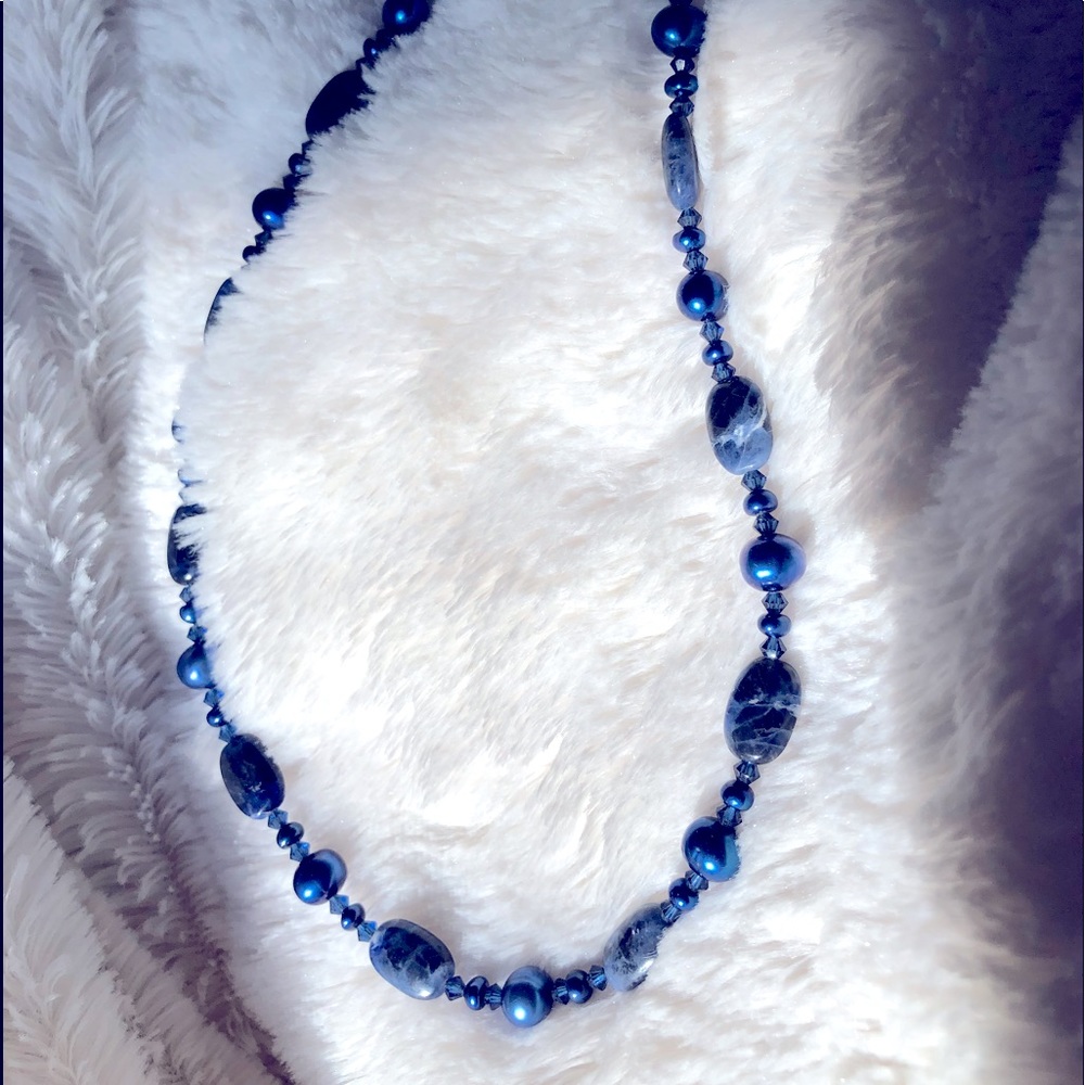 Sodalite, Pearl & Swarovski blue necklace